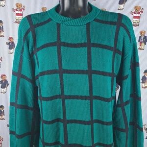 Vintage block pattern green & black chunky slouchy LG casual knit sweater